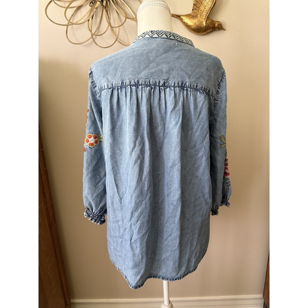 Tru Luxe Jeans Tencel Embroidered Tunic Top Medium Boho Floral Peasant Blue - Picture 4 of 11